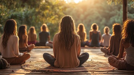 A spiritual guide facilitates a meditation session at dawn, surrounded by attendees seated in a circle on a wooden deck. The warm sunlight filters through the trees, creating a tranquil atmosphere