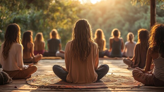 A spiritual guide facilitates a meditation session at dawn, surrounded by attendees seated in a circle on a wooden deck. The warm sunlight filters through the trees, creating a tranquil atmosphere
