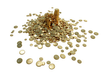 3D rendered pile of golden coins isolated on transparent background 