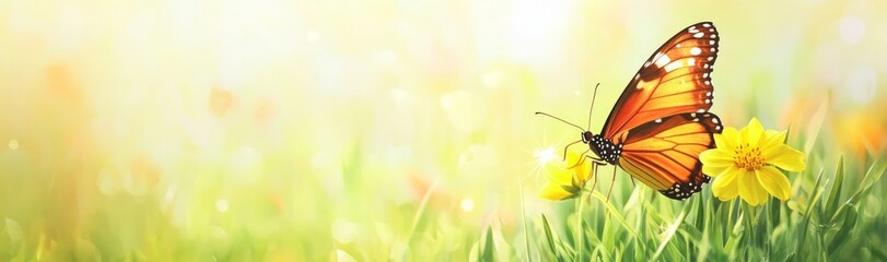 Beautiful Spring Meadow with Butterfly Among Colorful Flowers