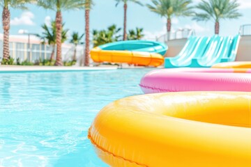 Obraz premium Experience summer fun at a lively water park with vibrant slides and playful inflatables by a refreshing pool