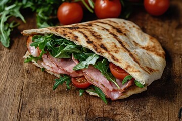 Country style pita sandwiches filled with ham arugula and tomatoes on a wooden table
