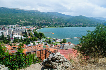 View of macedonian city Ohrid, which is famous for its unesco listed historical center and beautiful Ohrid lake. Old architecture and travel destination.