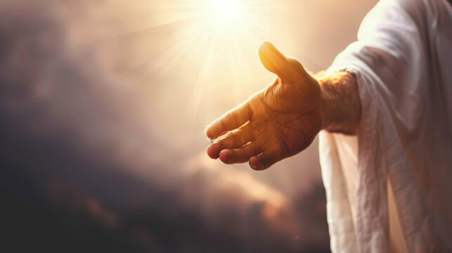 Jesus Christ giving his arm, hand gestures of Jesus dying on the cross and resurrected,