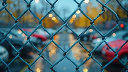 Blurred city parking lot seen through chain link fence.
