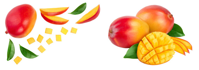 Mango fruit with slices isolated on white background with copy space for your text. Top view. Flat...