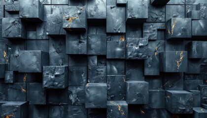 A wall of black cubes with gold accents