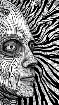 Surreal hypnotic monochrome illustration, a face surrounded by black and white patterns. A third eye on forehead indicates looking within, a self-hypnosis concept.