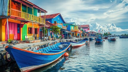 A vibrant waterfront scene featuring colorful houses and boats on a serene waterway under a blue sky with fluffy clouds.