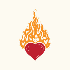 Heart on Fire. Burning Heart Symbol of Love and Passion for Valentine day design. Hand drawn vector illustration.