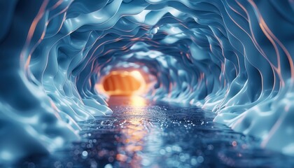 A blue tunnel with a light shining through it