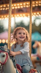 Obraz premium Joyful Little Girl on Pastel Carousel
