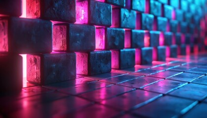 A wall of pink and blue blocks with a light shining through the middle