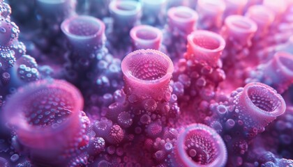 The image is a close up of a coral reef with many small pink and purple coral