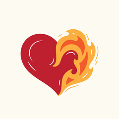 Heart on Fire. Burning Heart Symbol of Love and Passion for Valentine day design. Hand drawn vector illustration.