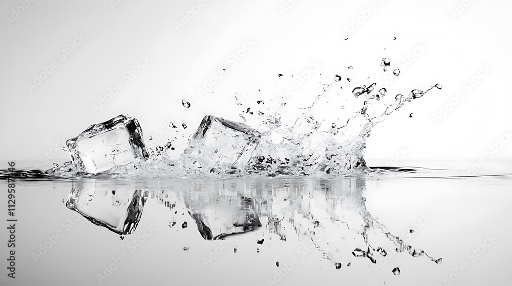 Poster ice cubes dropping into water creating a splash