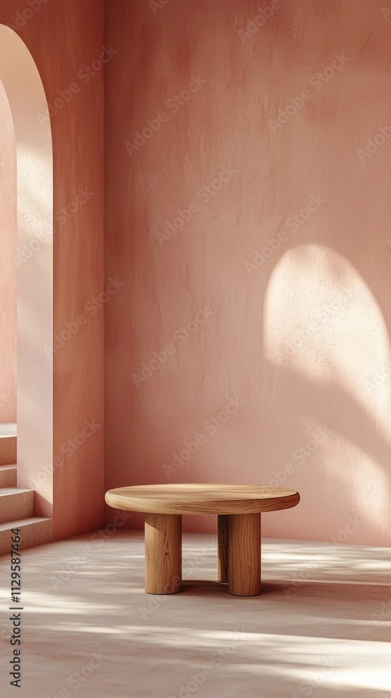 Poster soft light filters through an arched doorway in a tranquil setting adorned with light pink walls. a 
