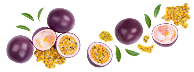 passion fruits and half isolated on white background. maracuya . Top view. Flat lay