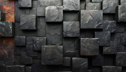 A black and white photo of a wall made of black and grey blocks