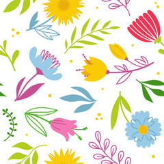 Seamless pattern of simple hand drawn flowers, leaves and branches in doodle style. Background. Trendy vector botanical illustration on white background