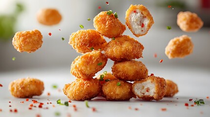 Fried chicken nuggets falling in the air on a white background design,


