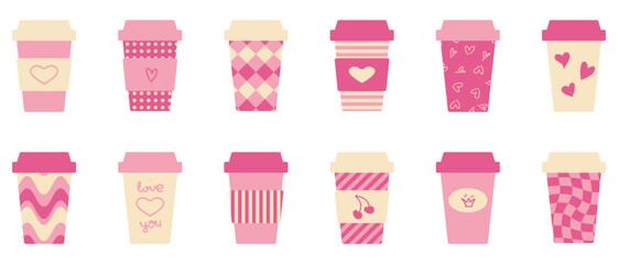 Valentines day clipart collection of paper coffee cups with hearts decoration. Hand drawn isolated vector mug set.