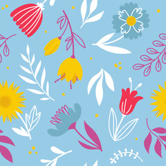 Seamless pattern of simple hand drawn flowers, leaves and branches in doodle style. Trendy vector botanical illustration on blue background