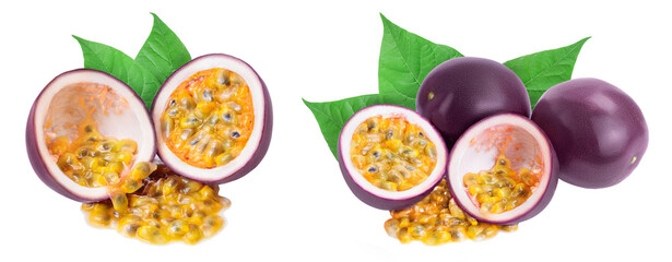 whole passion fruits half isolated on white background. maracuya with  full depth of field