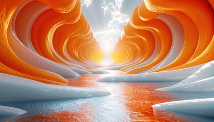 A long orange and white tunnel with a river running through it