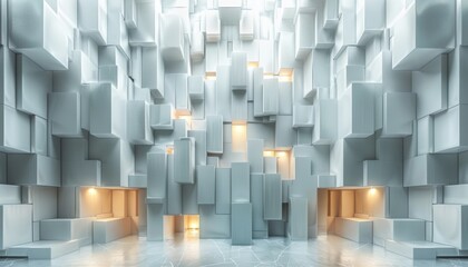 A white room with many white cubes and a light shining on it