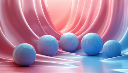 A pink and blue curtain with a row of blue spheres on it