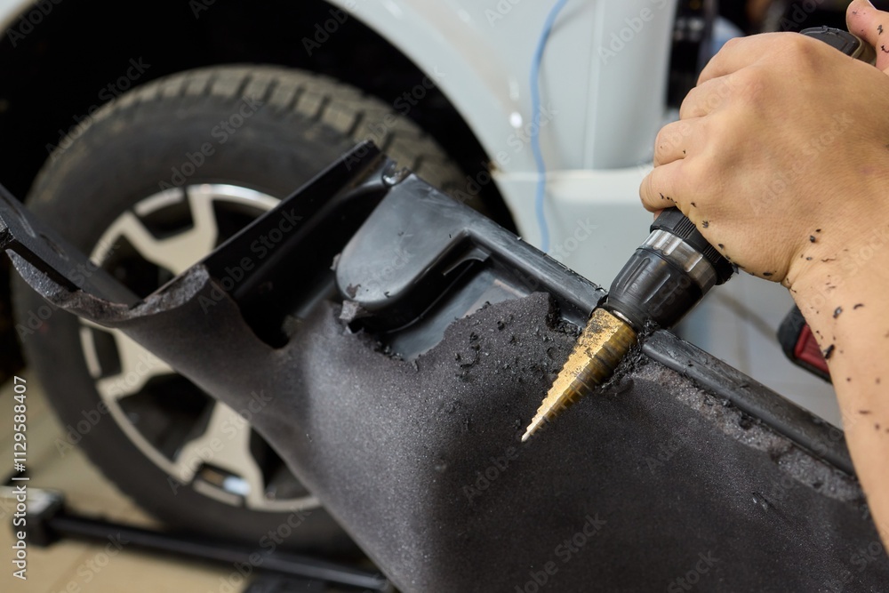 Poster performing drilling modification on vehicle panel inside the garage for better performance