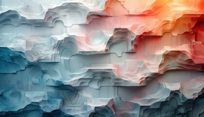 A colorful abstract painting of mountains and clouds