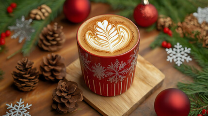 A warm, festive cup of latte art with holiday decorations and pine cones, perfect for cozy winter vibes.