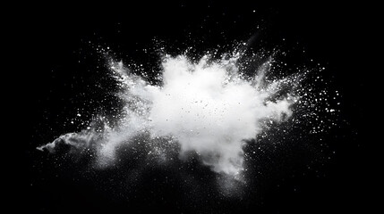 A white powder explosion isolated on a black background, reminiscent of the Holi festival.
