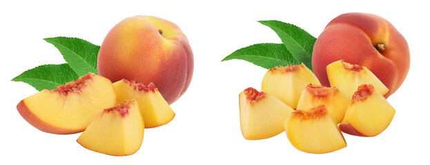 Ripe peach fruit with slices isolated on white background with  full depth of field