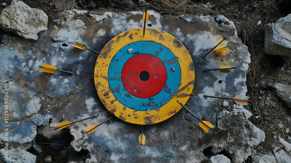 Poster a colorful archery target with arrows embedded in it, set against a weathered stone background.