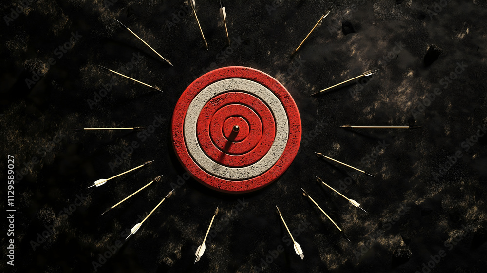 Aufkleber a circular target with red and white rings is surrounded by several arrows, creating a striking visu