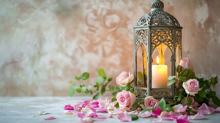 Ornate Lantern Candlelight Pink Roses Soft Background