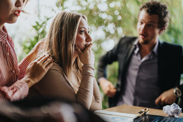 A group of businesspeople in a tense office meeting. One woman is comforted while a colleague discusses work-related issues, showing concern and support in a corporate setting.