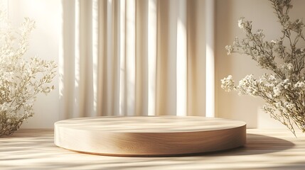 A podium for product presentation, with light wood and beige tones