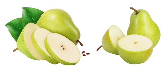 Green pear fruit with slices isolated on white background with full depth of field
