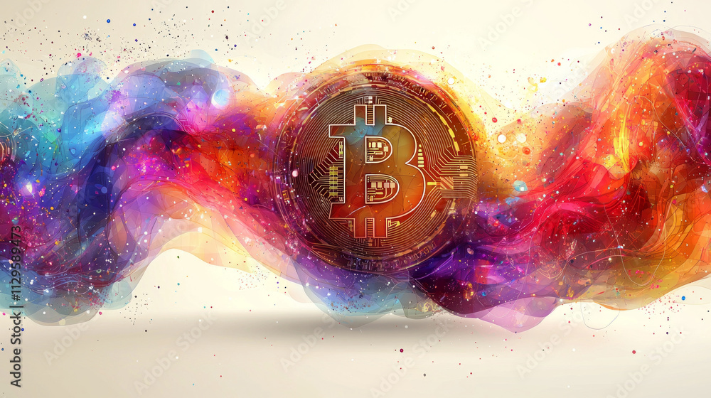 Aufkleber abstract illustration features bitcoin symbol morphing colorful liquid forms. flowing lines and vibr