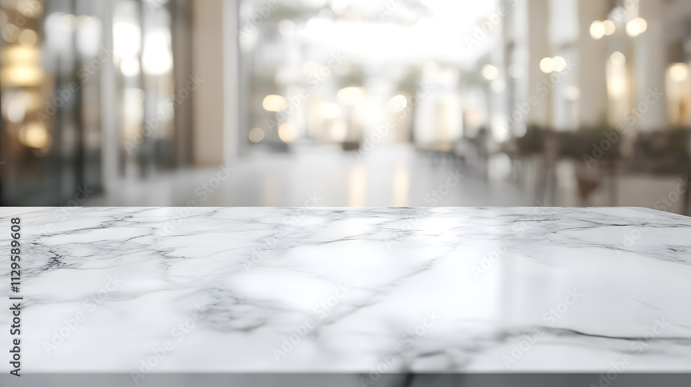 Poster a white marble stone tabletop with a blurred abstract background suitable for displaying or showcasi