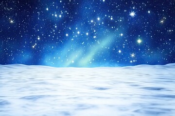 Fototapeta premium Starlit sky over snowy tundra with shimmering aurora borealis on the horizon