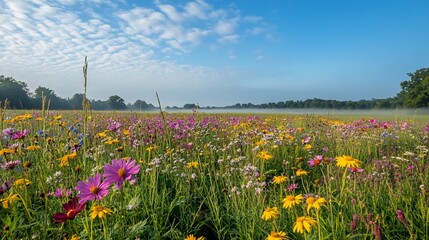 Vibrant wildflowers bloom in a misty meadow at sunrise.