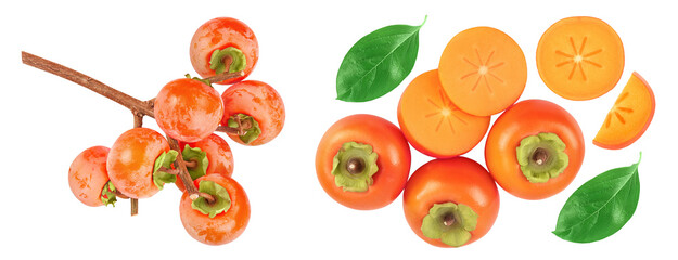 Persimmon fruit on the branch isolated on white background with full depth of field. Top view. Flat lay