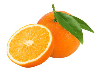 Orange fruit with leaves isolated on white background with full depth of field