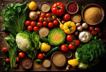colorful vibrant flat lay fresh vegetables grains capturing essence healthy eating bounty, zucchini, tomato, carrot, pepper, radish, cucumber, beet