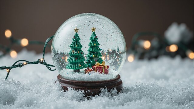 Festive snow globe with Christmas tree and gifts on snowy base illuminated by string lights